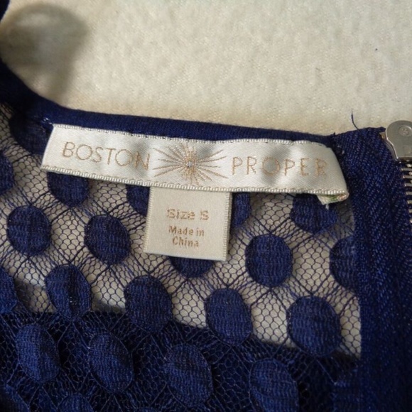 VINTAGE BOSTON PROPER BLUE POLKA-DOT LACE BODICE FITTED WAIST TOP BACK ZIP S - Picture 4 of 6